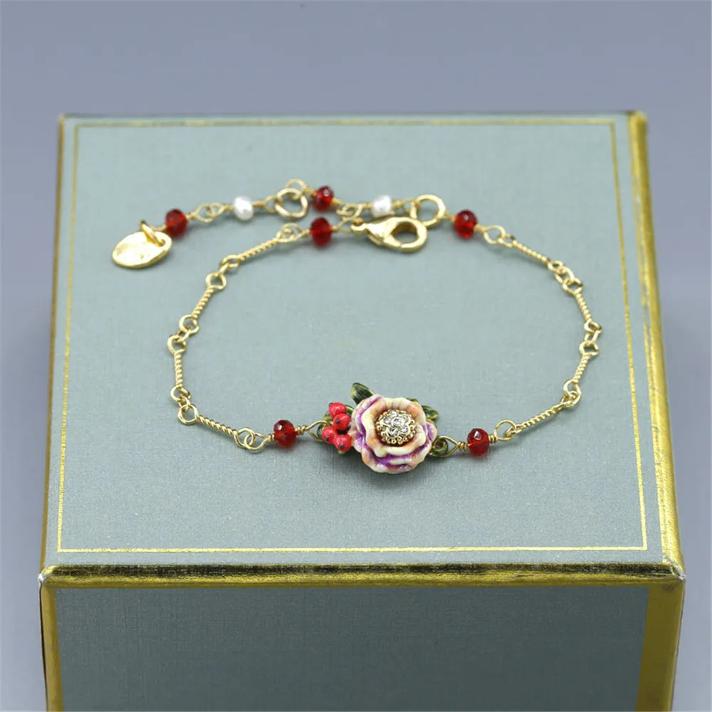 B04-014 Christmas Bunny Bracelet Enamel Glazed Pink Flower Rose Pendant Les Nereides* Bracelets &amp bangles | Украшения и