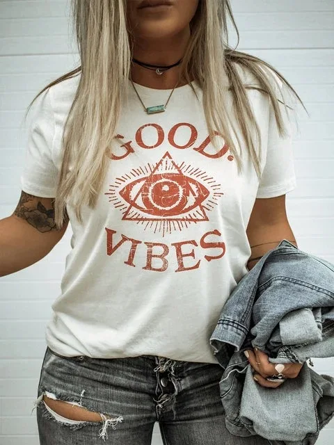 

Carney top good vibes print crew neck short sleeve T-shirt