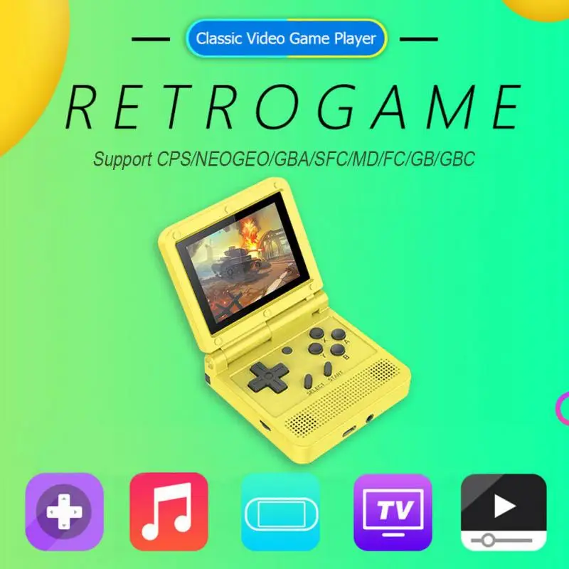 

V90 3-Inch Ips Screen Flip Handheld Console Dual Open System Game Console 16 Simulators Retro PS1 Kids Gift 3D New Game