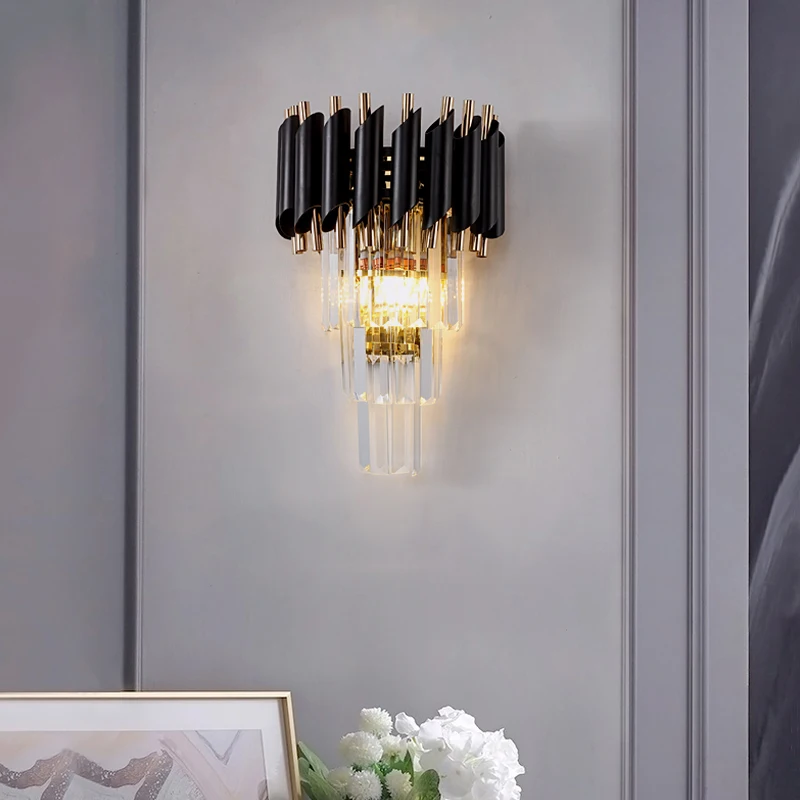 FKL Modern Crystal Black Gold Wall Lamp Postmodern Bedroom wall bedside aisle lamp For Indoor Light Fixtures | Лампы и освещение