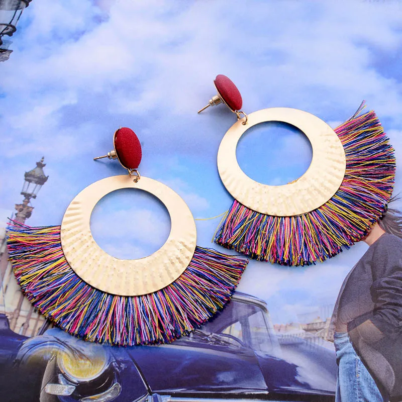 Classic Bohemian Stud Earrings Folk-custom Silk Tassel Scalloped Earring 2019 Gold Metal Big Circle Fashion Women Jewelry Gifts | Украшения