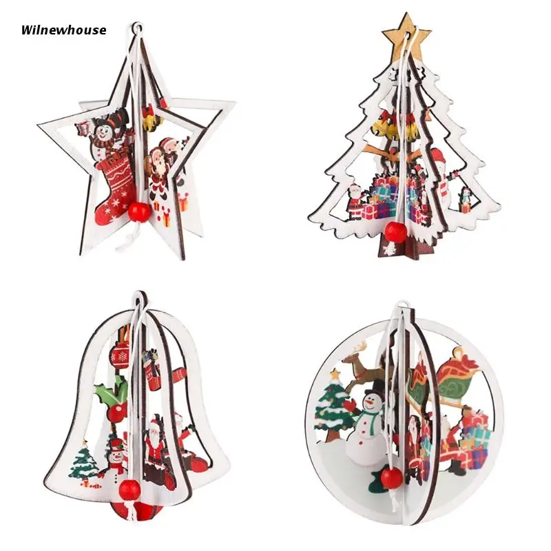 

F63A 4pcs 3D Christmas Ornament Wooden Hanging Pendants Xmas Tree Bell Star Decorative Hollow Decorations for Holiday