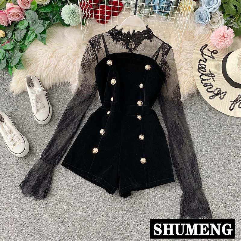 Женский привлекательный кружевной сетчатый костюм с вышивкой + двубортные