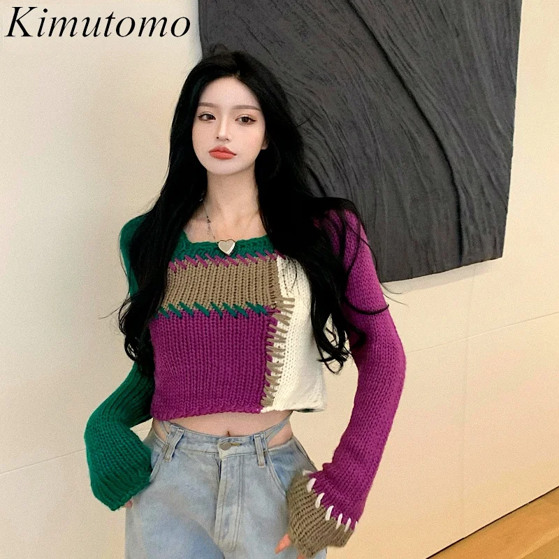 

Kimutomo, шикарный контрастный женский свитер, Новинка осени 2021, корейский стиль Instagram, круглый вырез, длинный рукав, сращивающийся Универсальны...