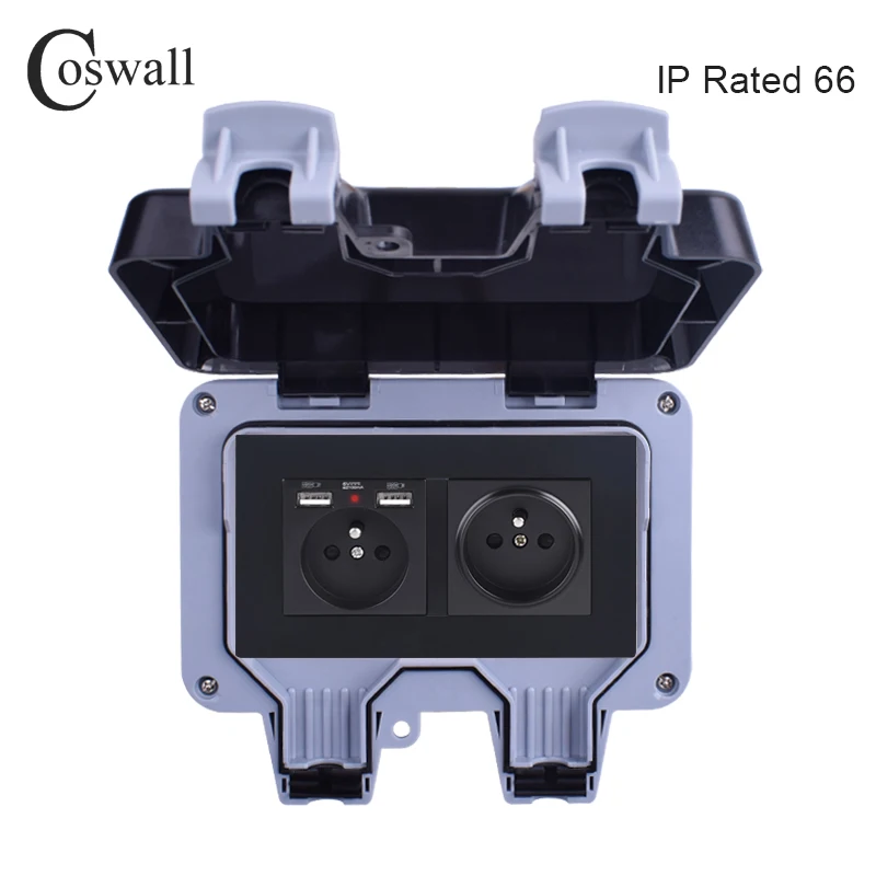 Водонепроницаемая уличная настенная розетка Coswall IP66 стандартная с двойным