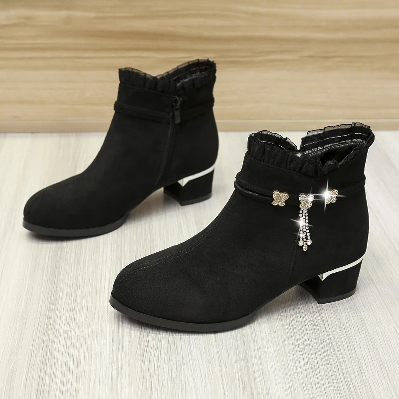 

Женские замшевые ботильоны со стразами, повседневные ботинки-гладиаторы на среднем каблуке, зимние теплые ботинки, 2021