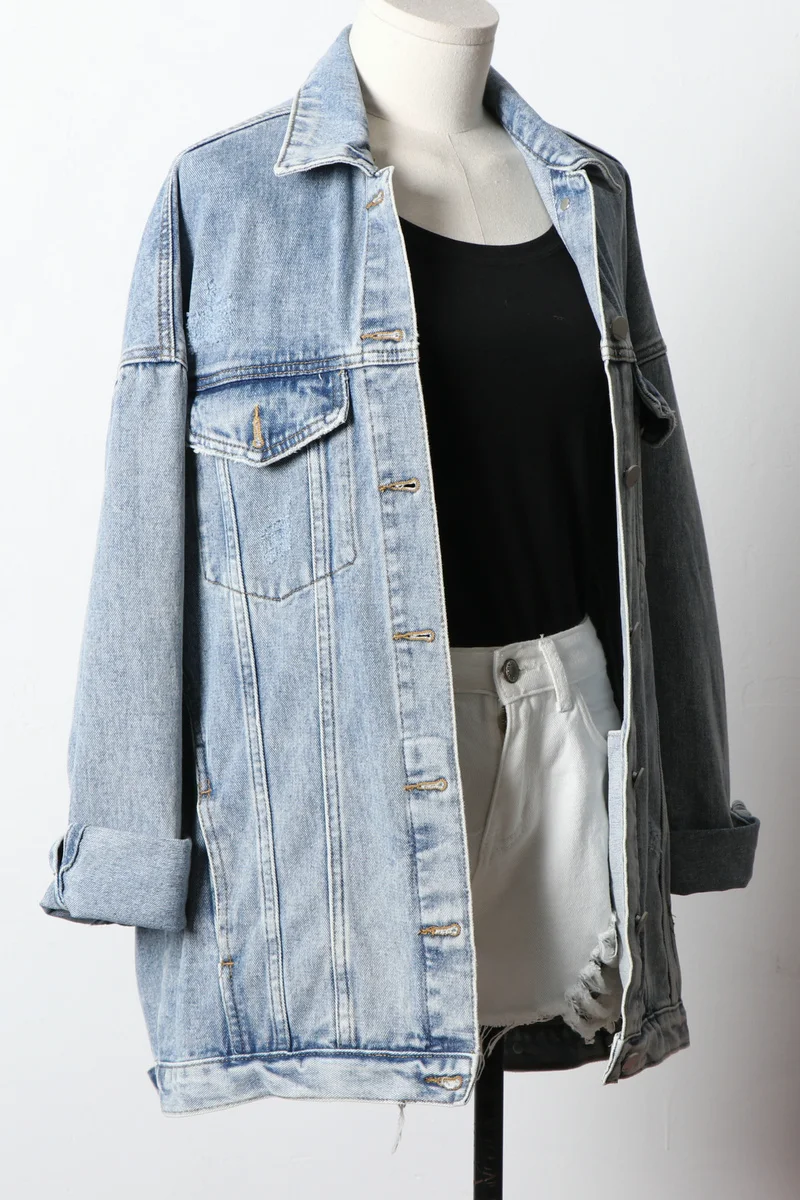 

IEQJ 2021 new spring and autumn fashion women clothes turn-down collar full sleeves single breasted light blue jacket WP56605L