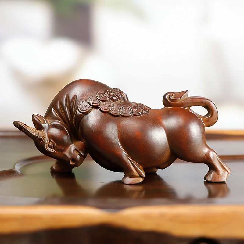 

12CM Wall Street Bull Hand Carved Boxwood Figurine Carving Zodiac Lucky Ox Feng Shui Sculpture - #ZL001