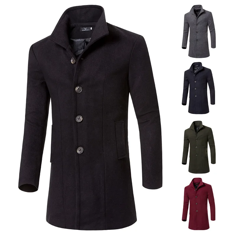 

Длинное пальто для мужчин, однобортная верхняя одежда, тренчкот, стильный приталенный Тренч средней длины из смеси шерсти, Мужское пальто, в...