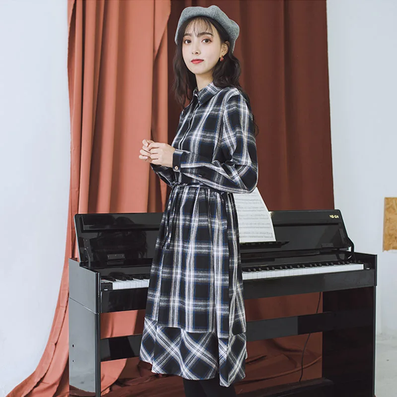 

One-Piece 2020 Spring Autumn Mori Girl Women Spring Elegant Dress Long Sleeve Vintage Loose Dress Turn-Down Collar Plaid Dresses