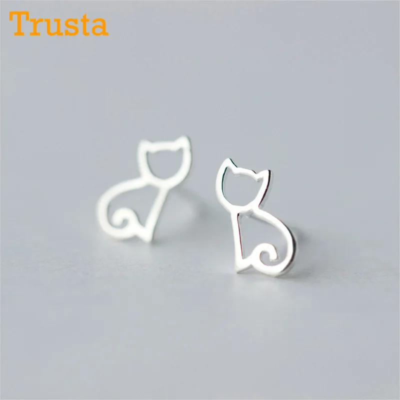 Trusta, 925 пробы, серебряные серьги, модные милые миниатюрные симметричные серьги-гвоздики в виде кота, подарок для школьниц, дочери, DS011