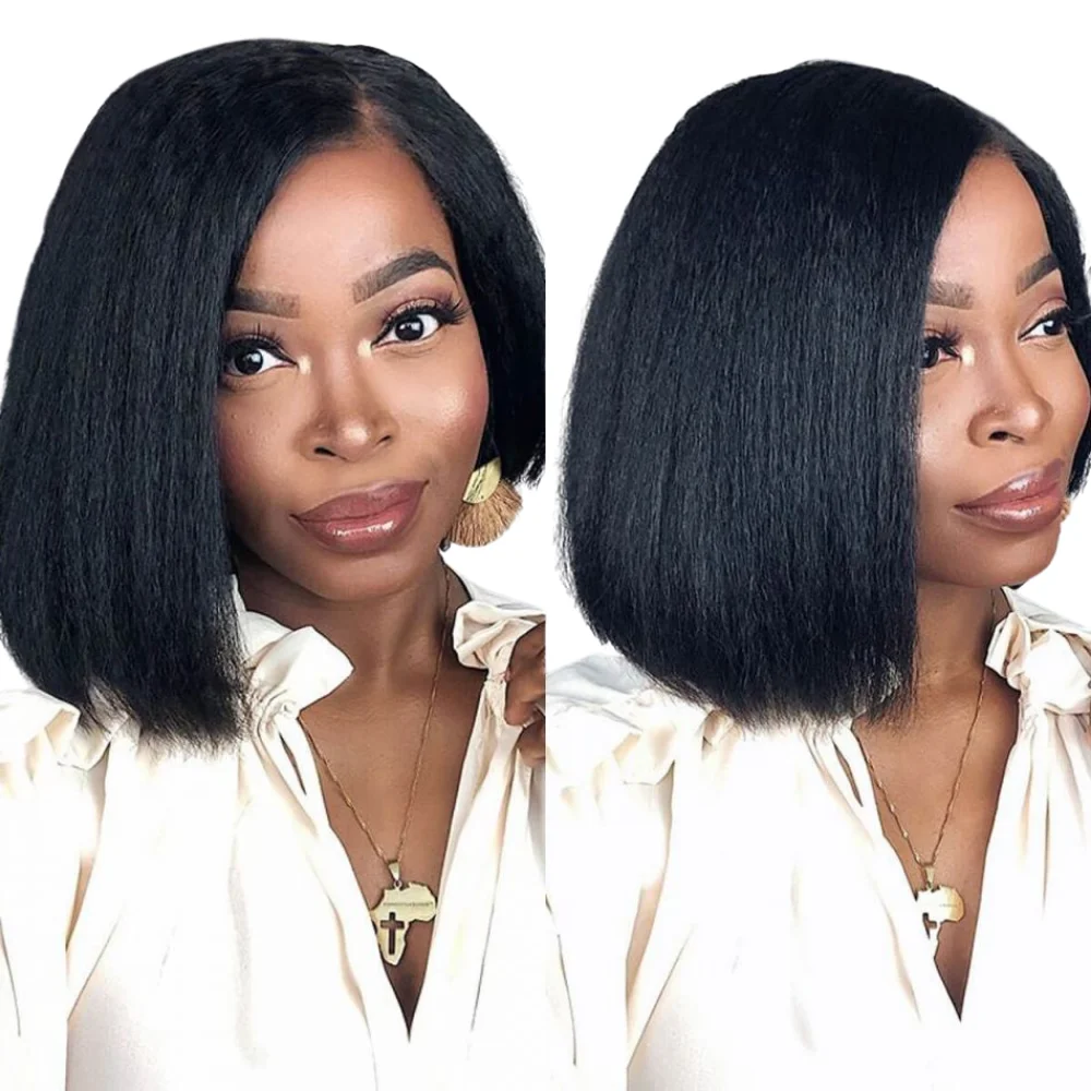 

Cut Bob Yaki Straight Black Glueless 13x4 Lace Front Human Hair Wig For Women With Babyhair Preplucked 180% Density Remy 5x5PU