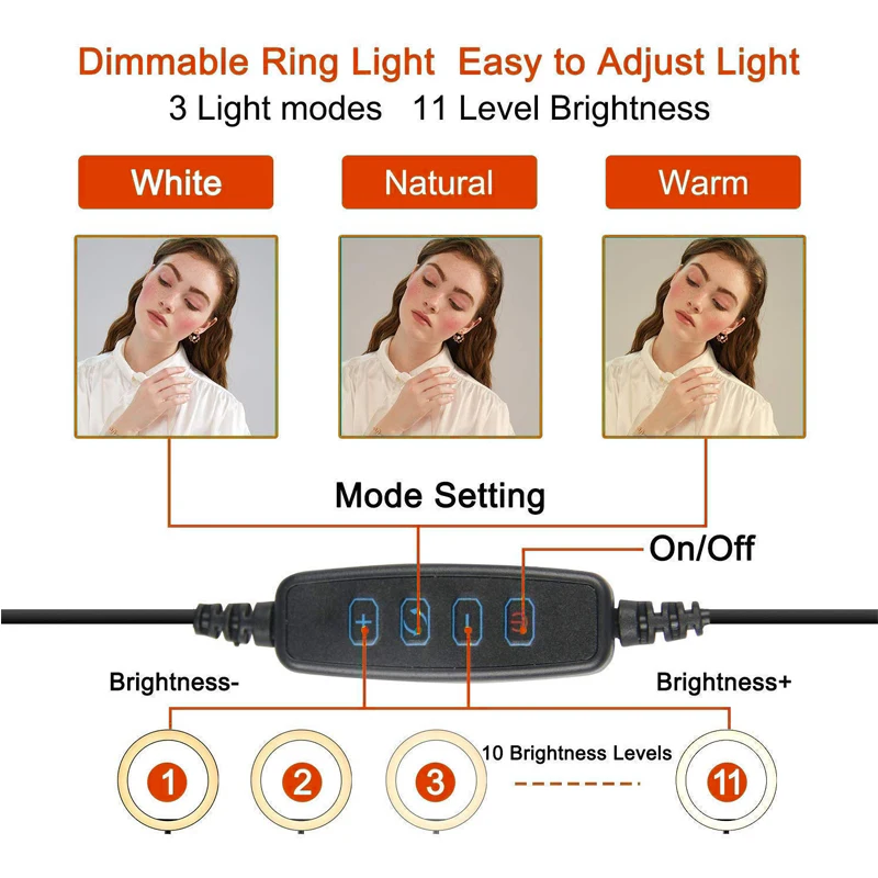 Диммируемый светодиодный кольцевой светильник для селфи со штативом и
