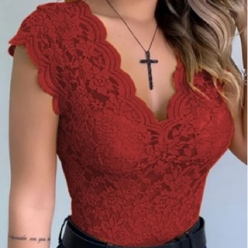 Женский кружевной топ с глубоким V-образным вырезом без рукавов | Женская одежда