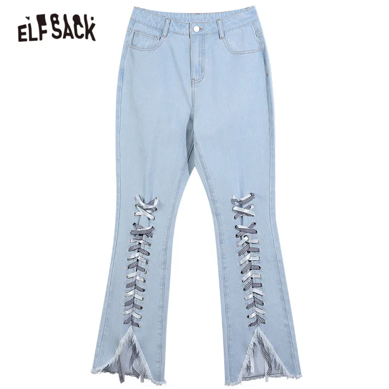 

ELFSACK Solid High Waist Washed Casual Denim Flare Jeans Woman,2021 Winter Pure Criss Cross Raw Hem Korean Ladies,Daily Trousers