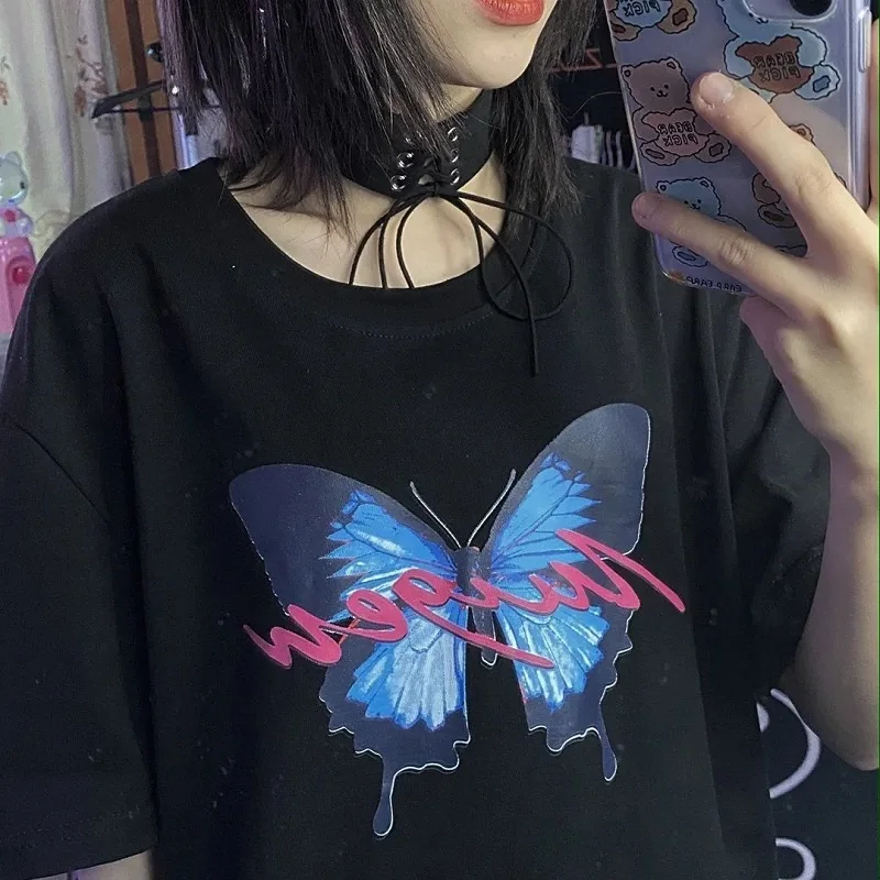 

Butterfly short-sleeved t-shirt women summer Harajuku top punk streetwear vintage clothes black shirt park game ac oversize key
