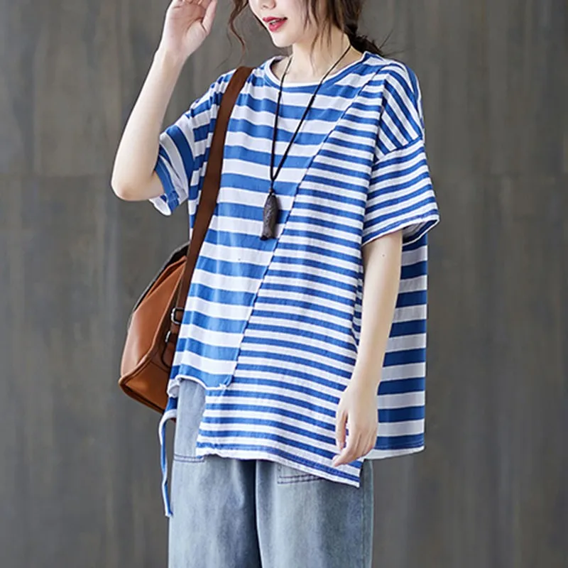 

Women Summer Loose Casual T-shirts New Arrival 2021 Simple Style Vintage Striped Loose Comfortable Female Cotton Tops Tees S3752