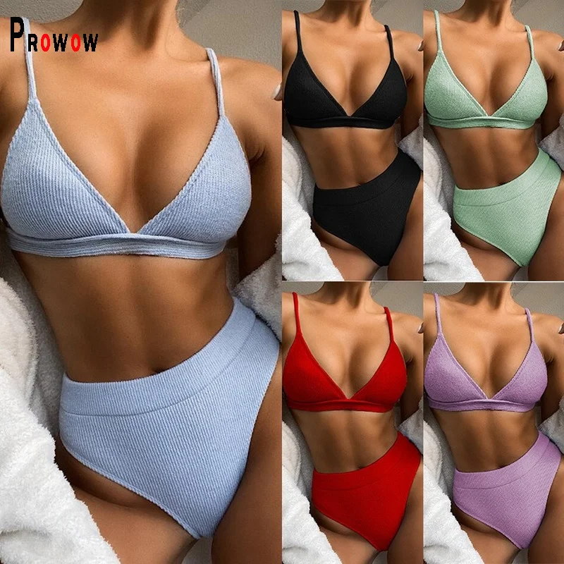 

Prowow Solid Women Bikini Set Push Up Bra High Waisted Panty Two Piece Bathing Suits 2021 New Female Swimwear Cute Swimsuit