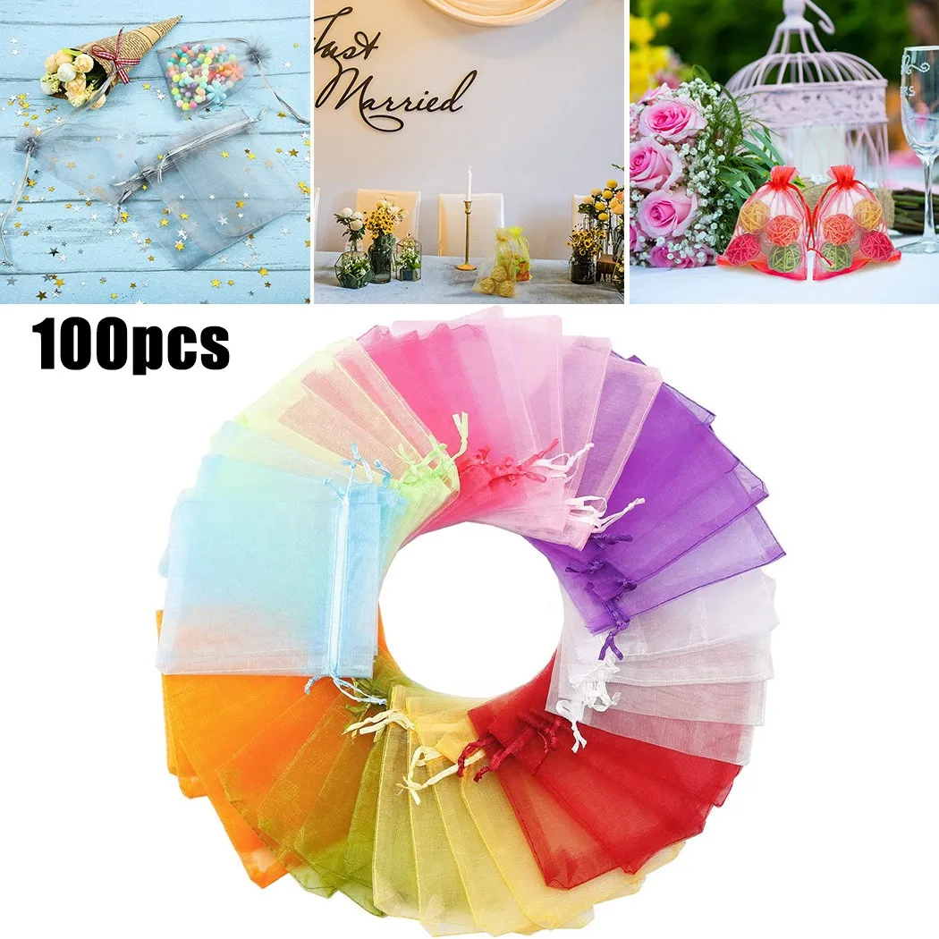 

100Pcs 5X7CM Organza Wedding Favour Gift Candy Bags Jewelry Pouch Drawstring Jewelry Bag Packaging Bag Mesh Drawstring Bags