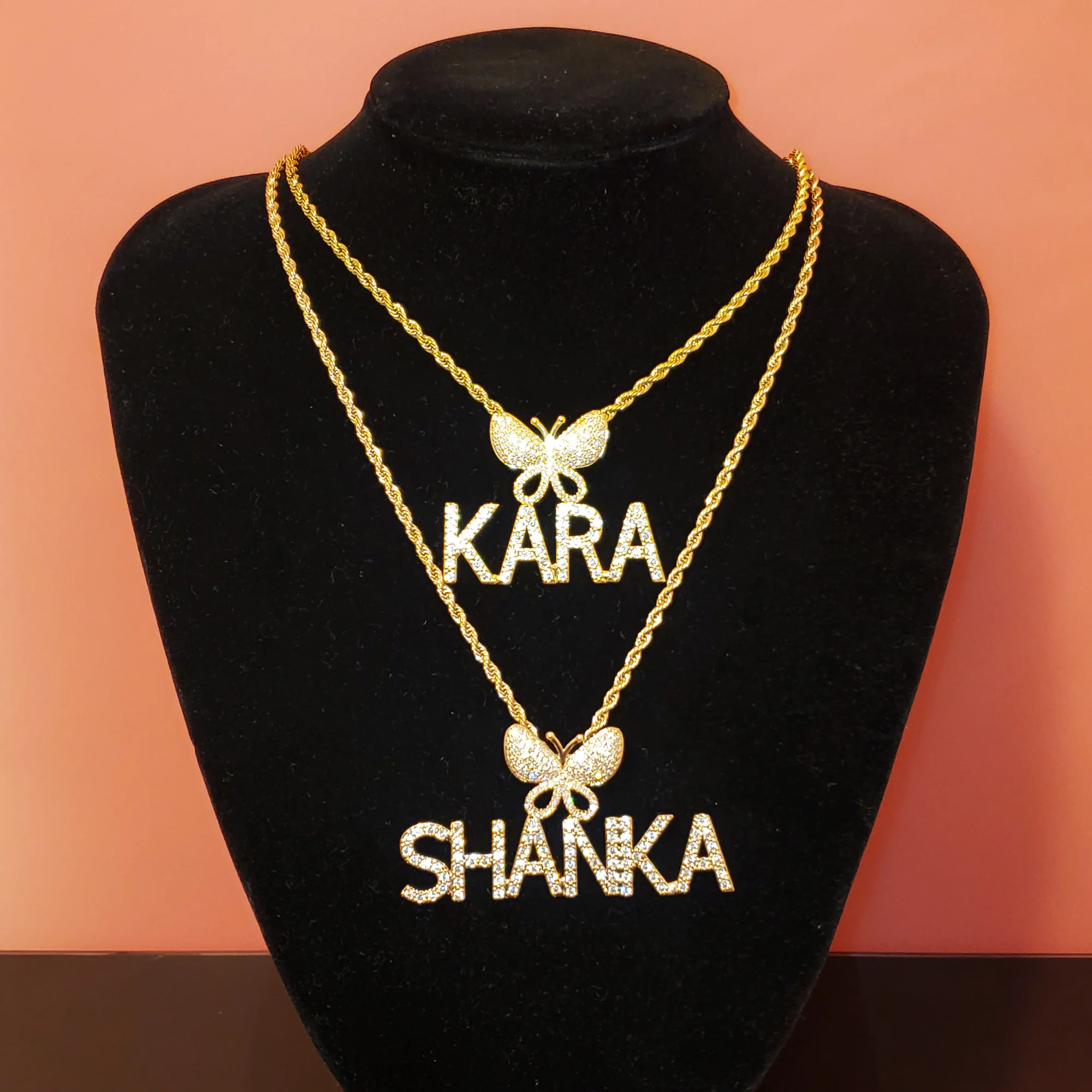 

Icy Butterfly necklace with Custom Name Plate Bling Letters Necklace Personalized Name Jewelry Personalised Gifts for Her