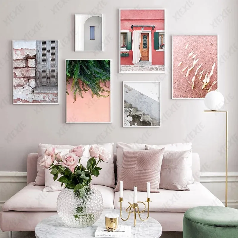 

Nordic City Poster Pink Building Landscape Plant Canvas Painting Fresh Wallpaper Print Picture Art Craft Home Decoration