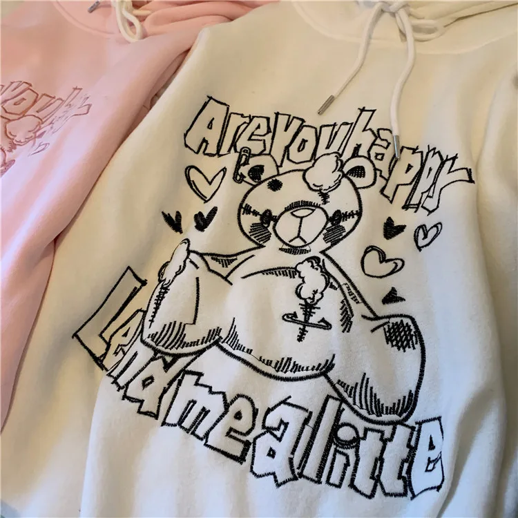 

XZ831 new lazy style loose hooded pullover thick embroidered bear letter Sweatshirts women