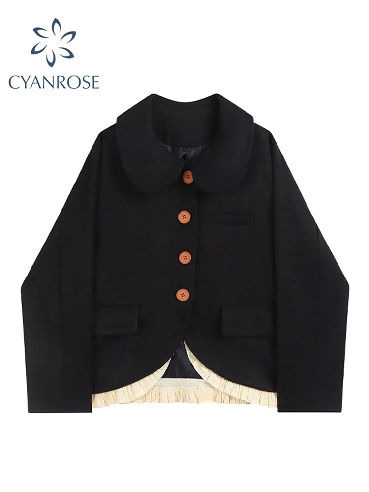 

Женское шерстяное пальто в стиле пэчворк, винтажное теплое однобортное пальто с агарическим кружевом и воротником «Питер Пэн», Свободное п...