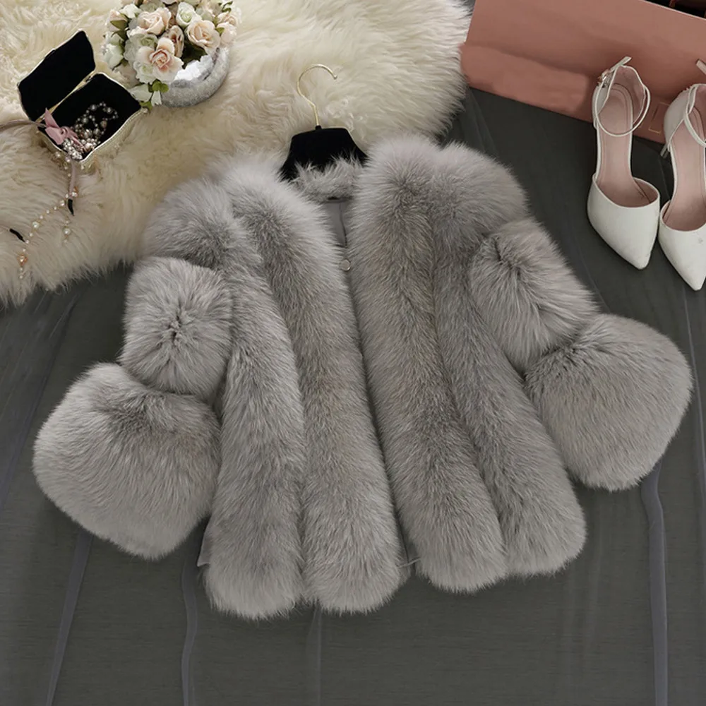 2021 Elegant Short Thick Kawaii Outerwear Fake Fur Jacket Chaquetas Mujer Furry Fur Trim warm winter Coat Woman Wide-waisted
