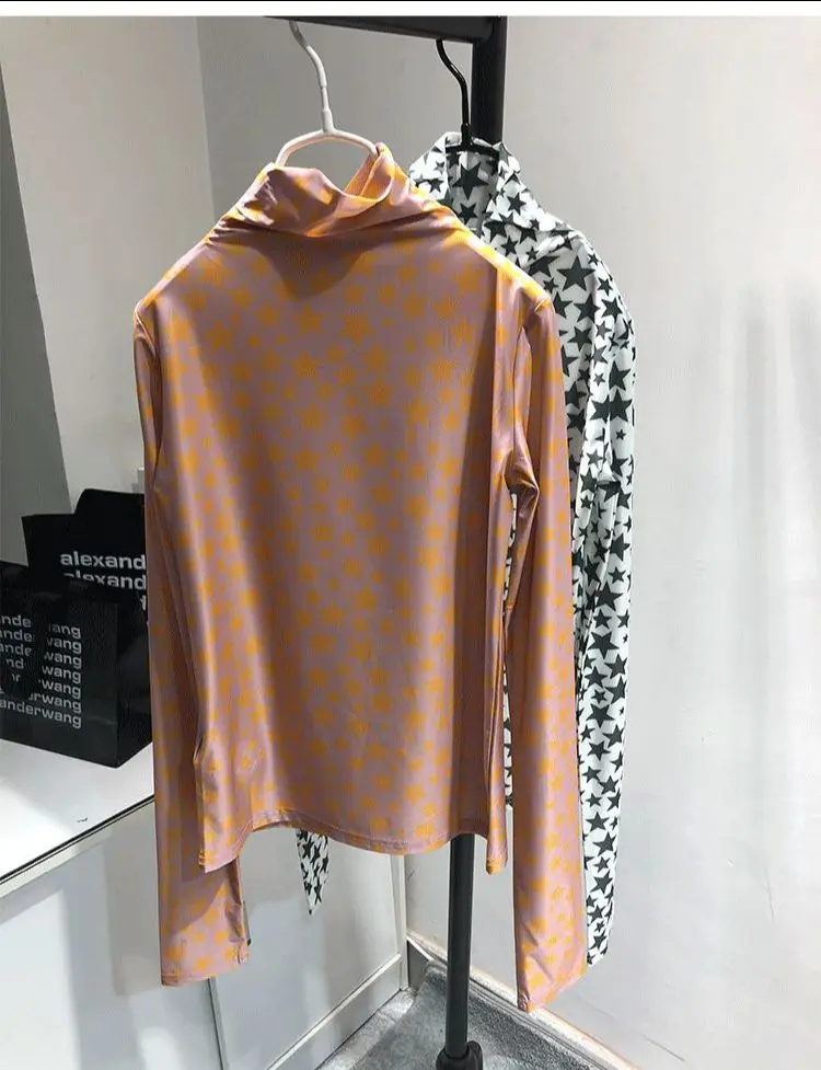 

Women Star Print T Shirt Slimming Lady Fashion Bottoming Shirts Female Long Sleeve Turtleneck Tee Tops 2021 New