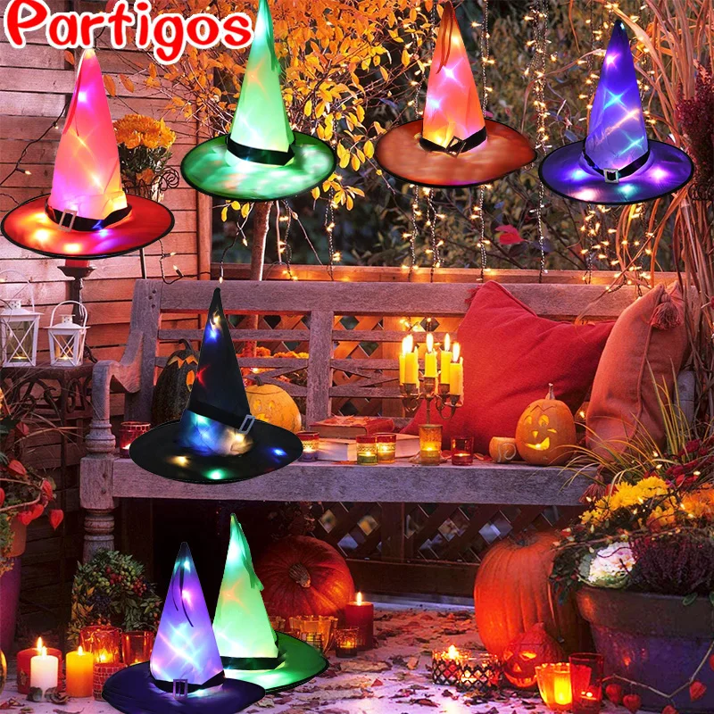 

1pc Halloween Witch Hat with LED Light Glowing Witches Hat Hanging Halloween Decor Suspension Tree Glowing Hat for Kids