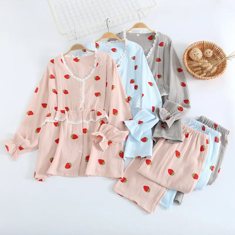 Fdfklak Pink/Blue Maternity Pajamas Set Sleepwear Long Sleeve Spring Autumn Breastfeeding Nursing Clothes For Pregnant Women