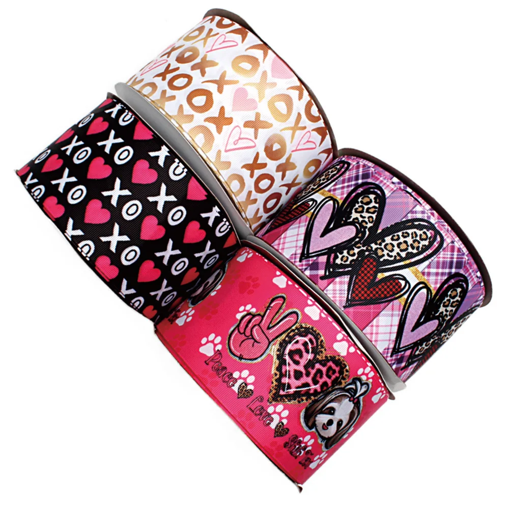 

Valentine's Day Grosgrain Ribbon Heat Transfer Printed Love Heart Pattern 10yards for DIY Hair Bow Decoration
