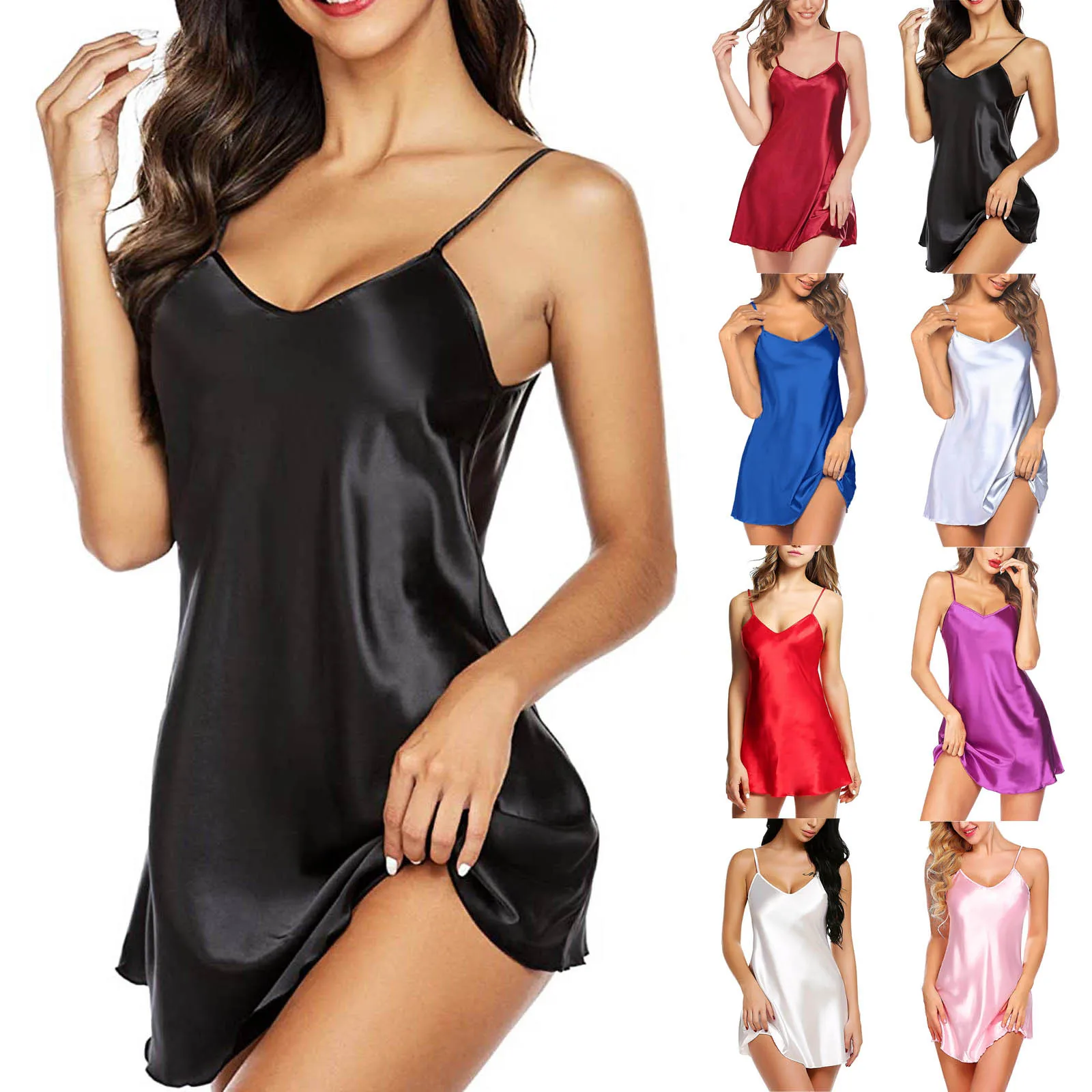 

Female Satin Nightgown Lady Sexy Spaghetti Strap Night Dress Women Nighties Sleeveless Sleepwear Nightwear Bridesmaid Dress #T1P