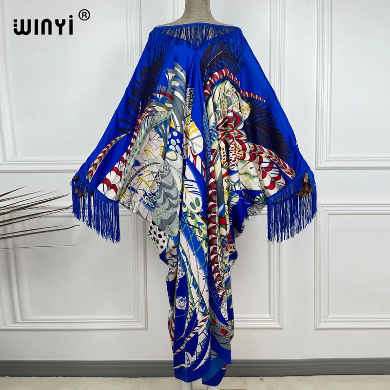 WINYI tassels Spring sunmer Kuwait Vintage Maxi Dress party Women's Fashion Batwing Sleeve Flower Print Loose robe longue