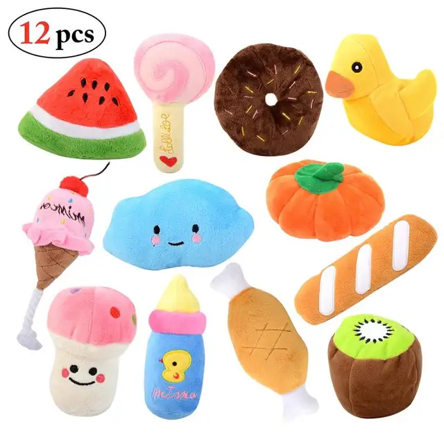 12PCS Sound Squeaky Puppy Dog Chew Toy Fruit Vegetable Chicken Drum Bone Squeak Cat Dogs Toys Plush Cartoon Pet Dog Toy Supplies