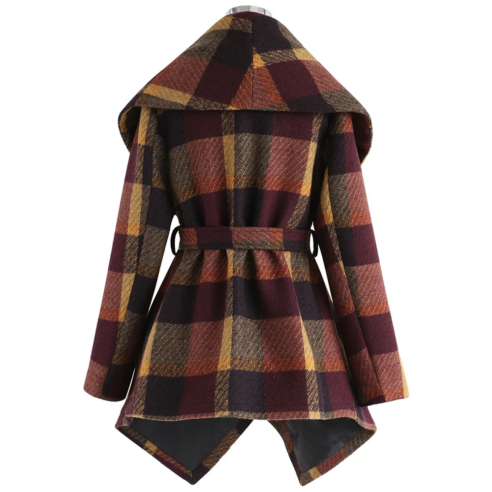 

Woolen Coat Female Autumn Winter Loose Plaid Jacket Kpop Mid-Long Asymmetric Outerwear Slim Lapel Bandage Manteau Femme L0187