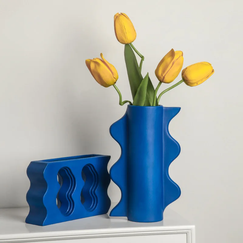

Minimalist Ceramic Vase Plant Blue Dry Flower Desk Geometric Decor Vase Pot Aesthetic Room Decor Vaas Office Accessories BI50VS