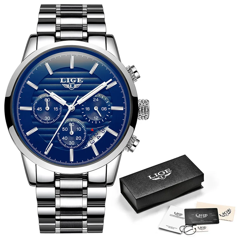 Часы наручные LIGE мужские с хронографом спортивные роскошные кварцевые Стальные