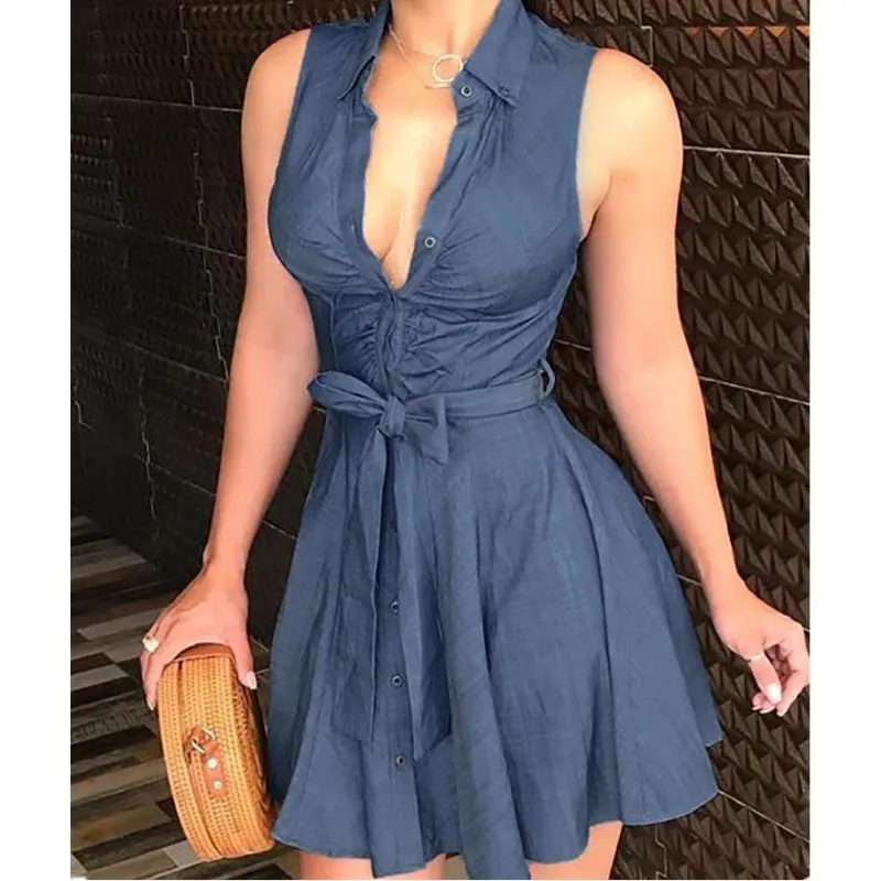 Женское платье рубашка с отложным воротником без рукавов|Женские платья| |