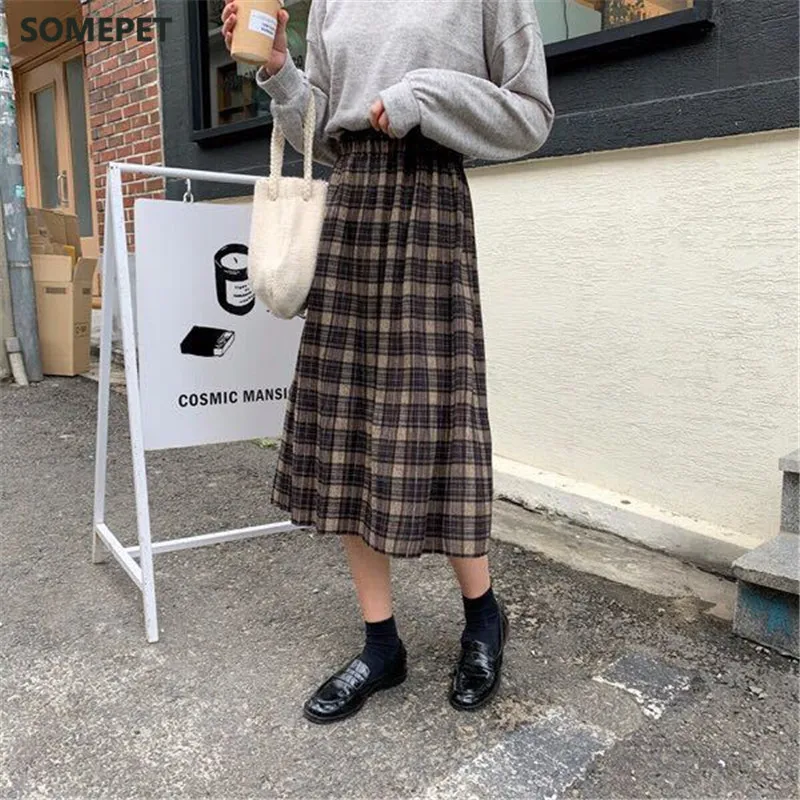 

Vintage Wool Pleated Plaid Skirt Women High Waist Plus Size Long Skirt 2021 Autumn Winter Harajuku Female Party Skirt Streetwear