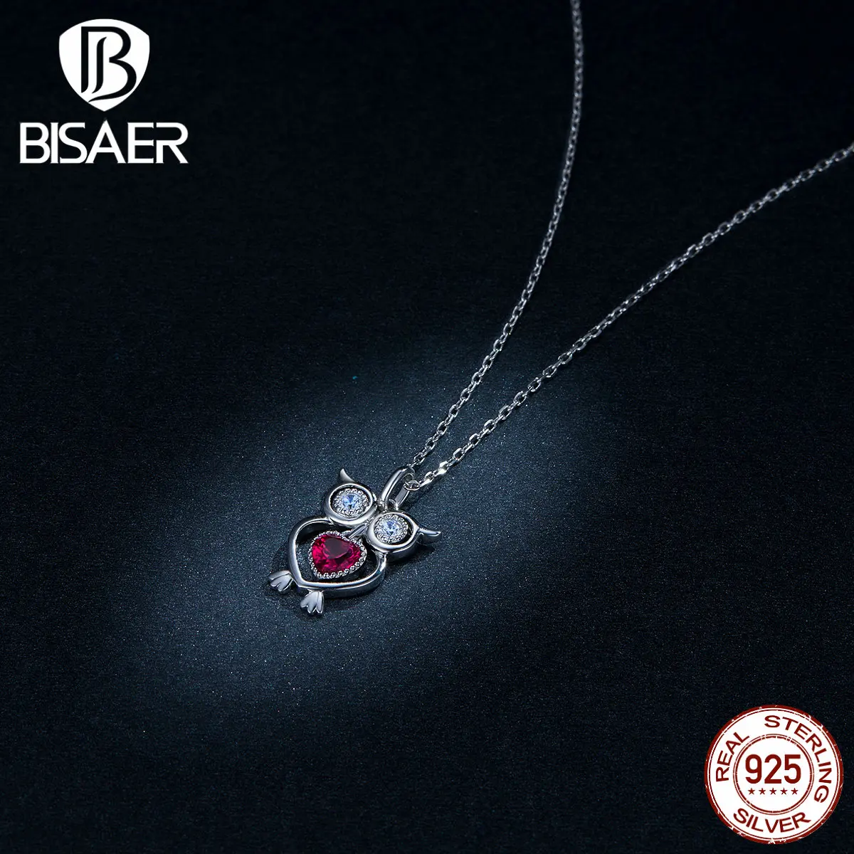Сова ожерелья BISAER 925 пробы серебро милое ожерелье с кулоном в виде совы для женщин розовый кубический циркон воротник ювелирные изделия EFN110