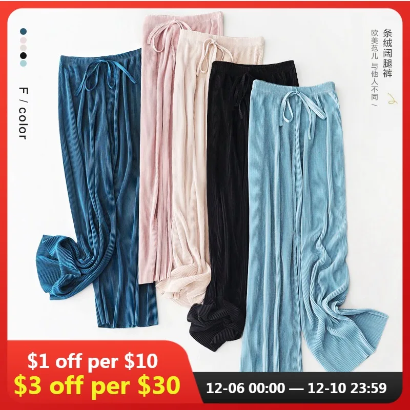 

2021 Women's Pleated Loose Ice Silk Korean Casual Cropped Pants Wide Leg Trouse Home Classic Sports Wear Girls Clothes Black Top