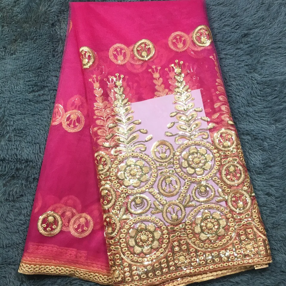 Высокое качество цвета фуксии в африканском стиле кружевная ткань Блестки