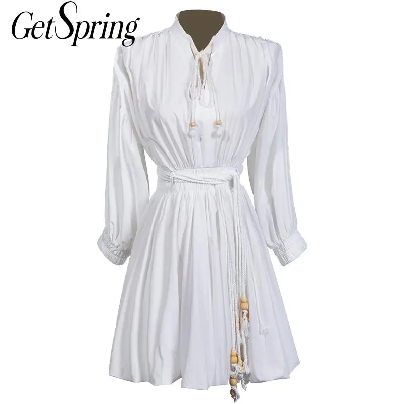 Женское платье с v образным вырезом GETSRING белое хлопковое рукавами фонариками на