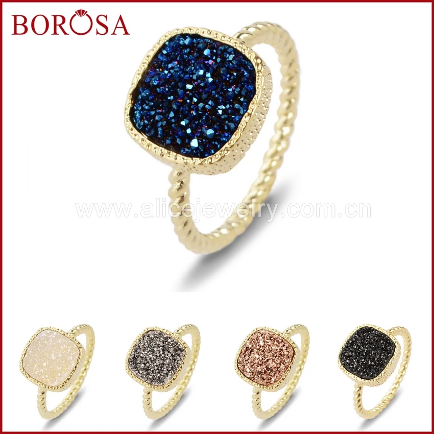 BOROSA 25Pcs Gold/Silver Color 10mm Stone Size Square Natural Agates Druzy Titanium Rings Jewelry ZG058 ZS058