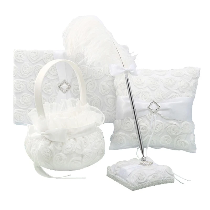 4 шт./компл. цветок белая роза Свадебные украшения гость книга ручка и кольцо