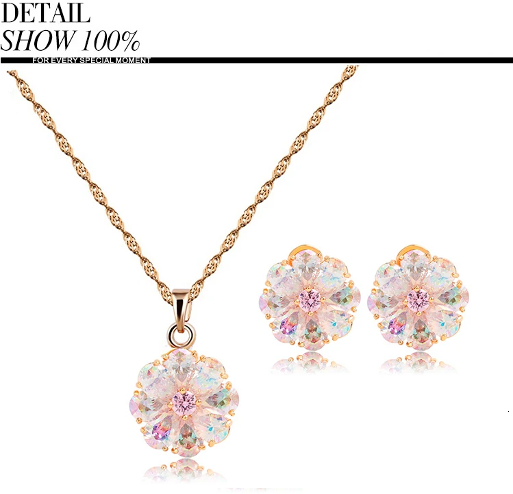 LUOTEEMI, русский популярный дизайн, роскошный Идеальный цвет шампанского, золотистый цвет, Радужный кубический циркон, комплект для девочек, цветочное ожерелье, серьги