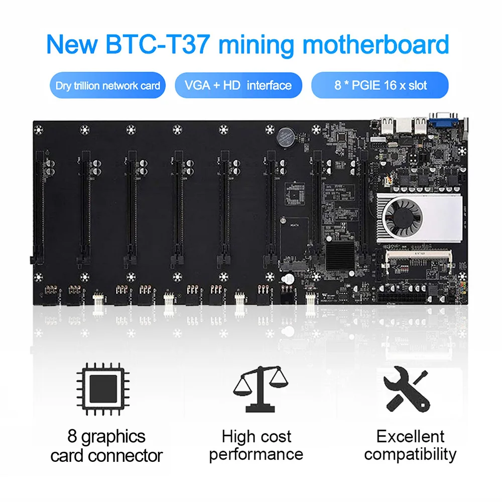 

BTC-T37 Miner Motherboard, Set Of 8 Video Card Slots, DDR3 Memory, Onboard VGA Interface, Low Power Consumption
