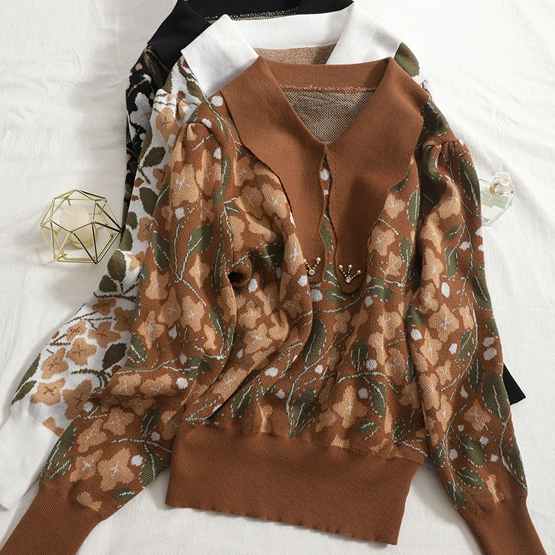 

Temperament lapel knitted pullover top women sweater 2021 autumn and winter Korean retro jacquard sweater womens pullovers trend