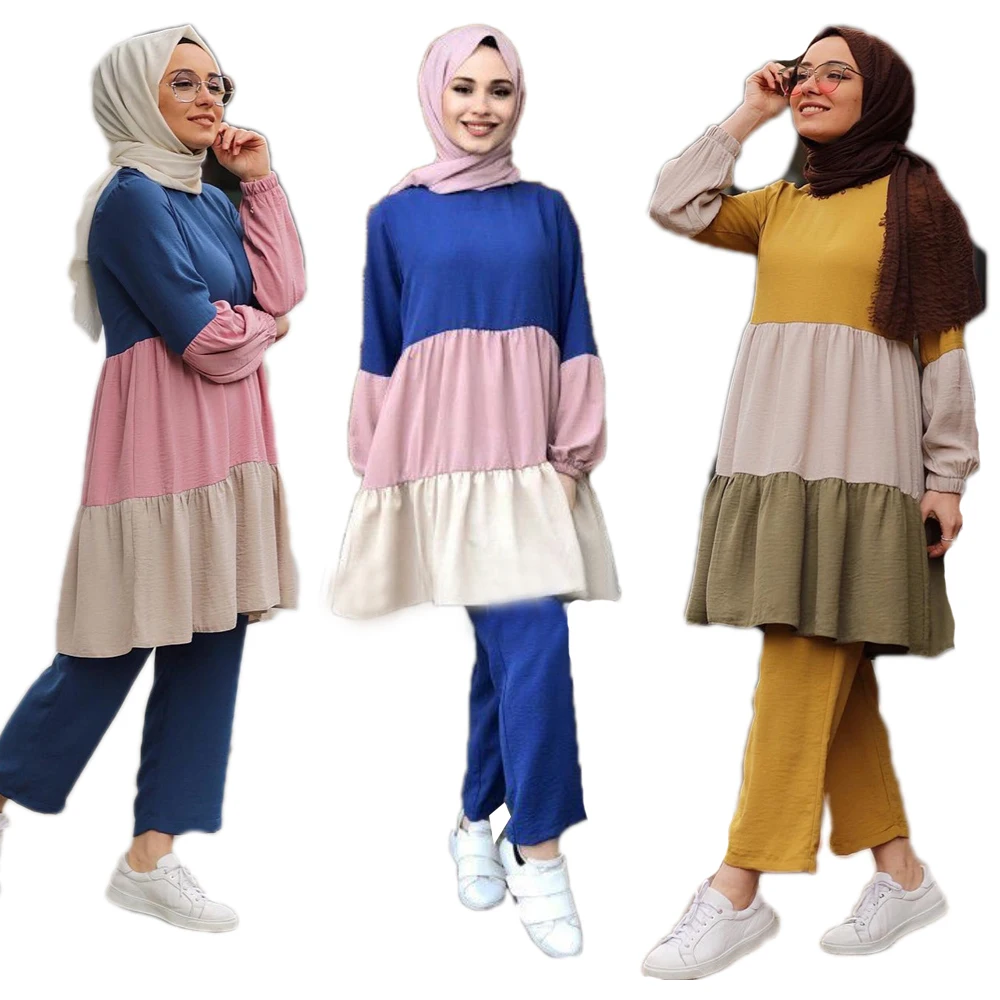 Мусульманские женские комплекты костюмы Abaya топы штаны Лоскутная одежда длинный